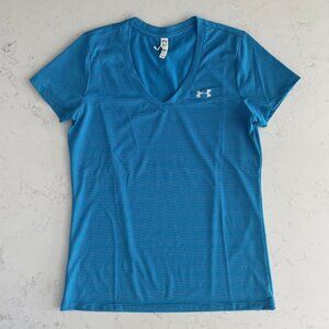 Under Armour Activewear SS V Neck Loose Fit Striped Polyester Shirt Blue Sz S